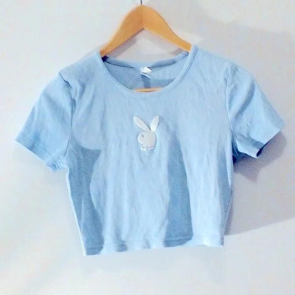 PLAYBOY Baby Blue Bunny Graphic Babydoll Crop Top T-Shirt fits XS and S - Picture 1 of 6